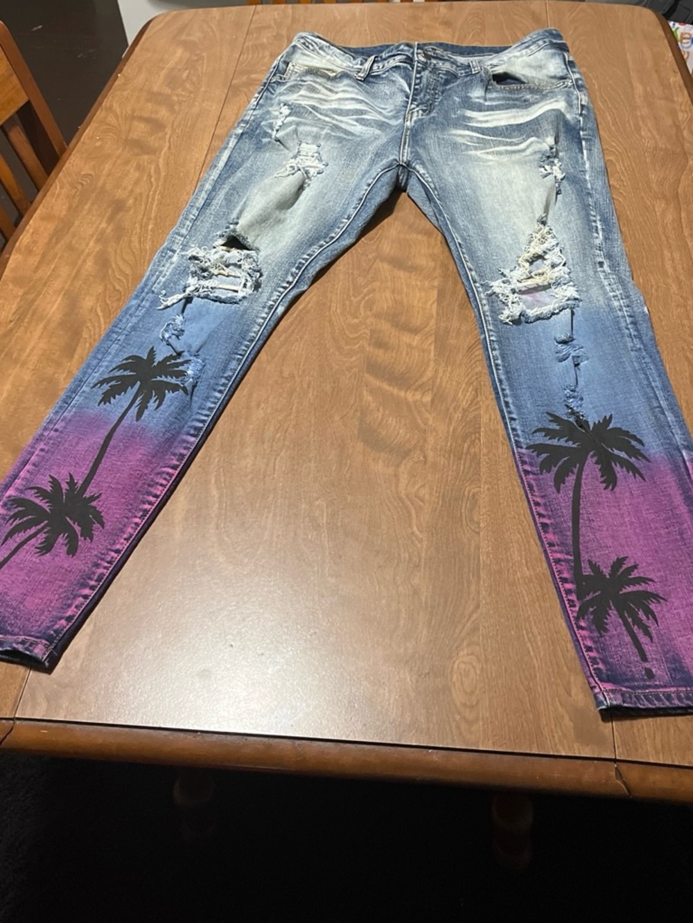 Distressed Ombre Palm Tree Skinny Jeans - Blue to Pink